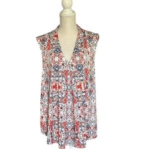 Blue Mood Abstract Print Sleeveless V-Neck Top Red Blue Orange & White 2X